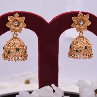 Flower Design Golden Jhumkas with Green Stones Earrings