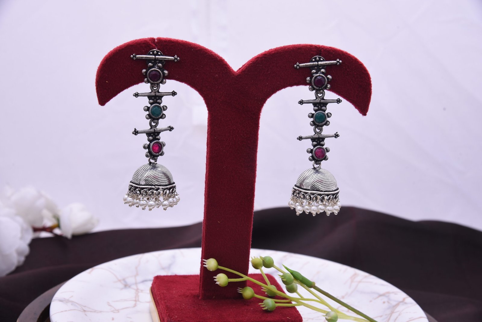 Oxidised Jhumkas with Red & Green Stones Earrings