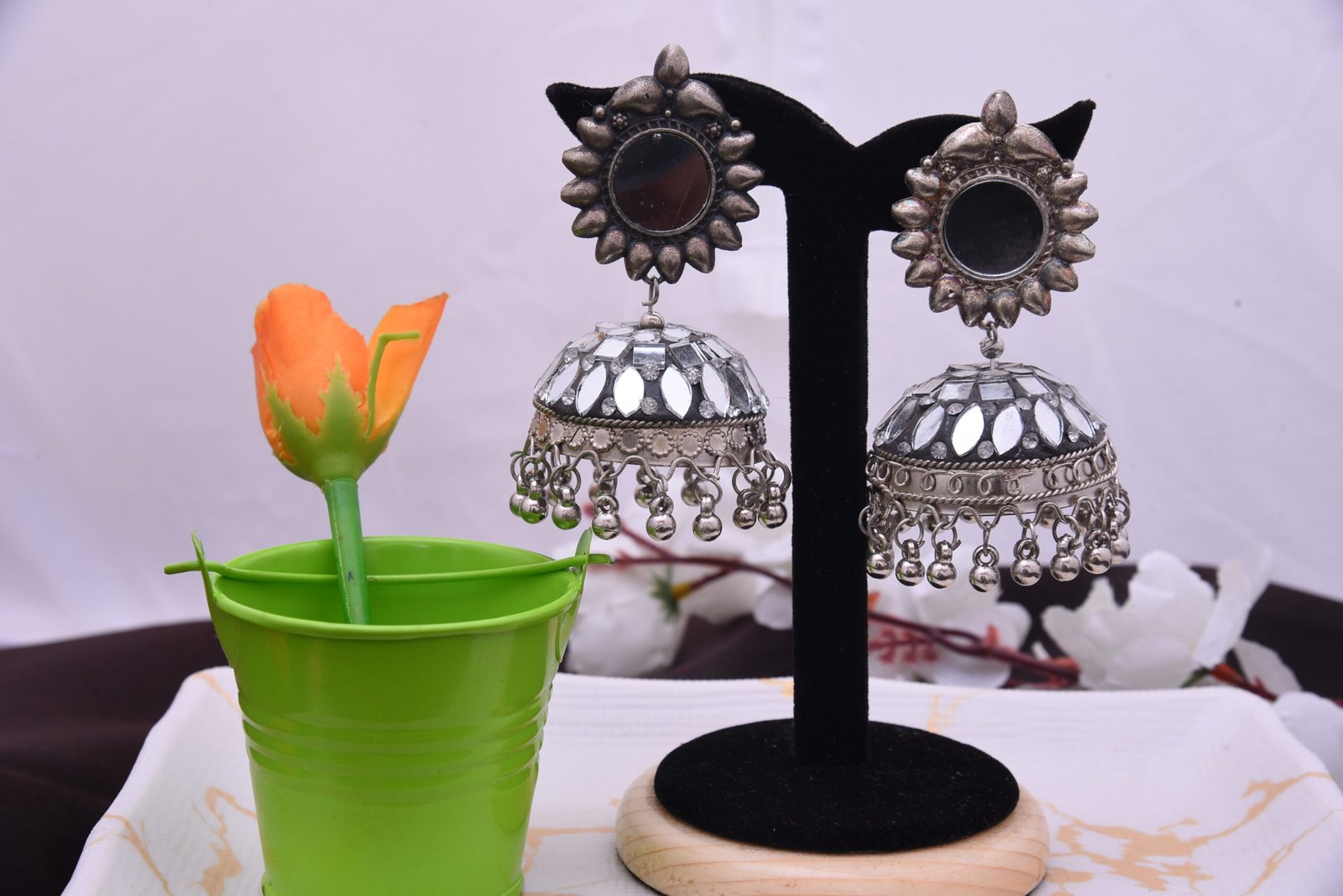 Large Oxidised Mirrored Jhumkas with Stones Earrings