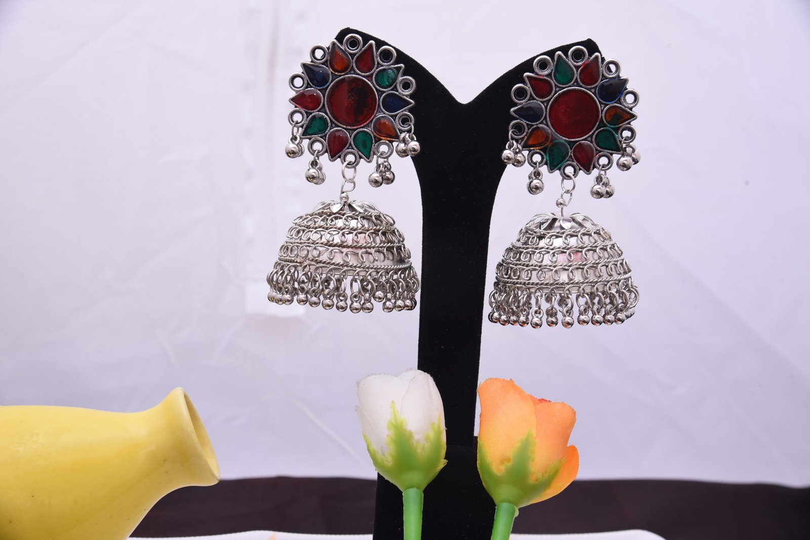 Queen Oxidised MultiColour Disc Huggies with Jhumka Earrings