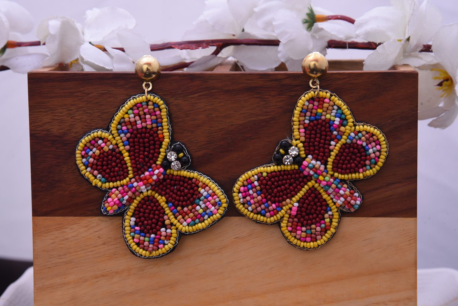 Beaded Butterfly with Crystals Drop Earrings