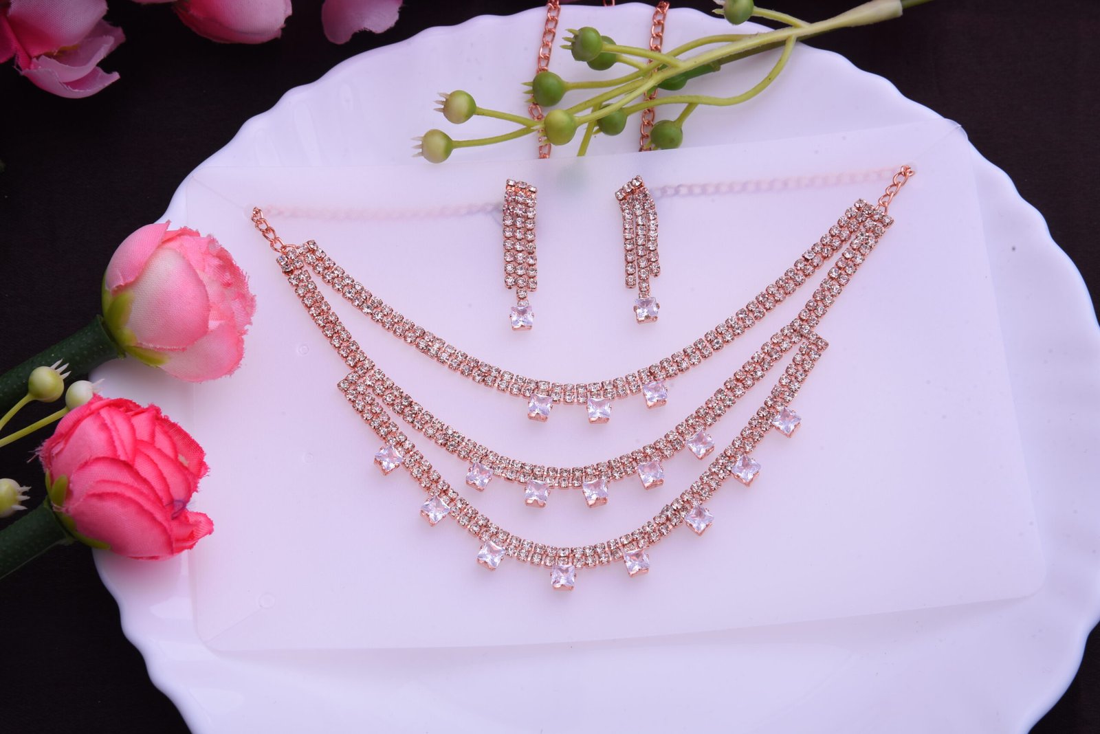 Zirconia & Crystal Necklace Set with Drop Earrings