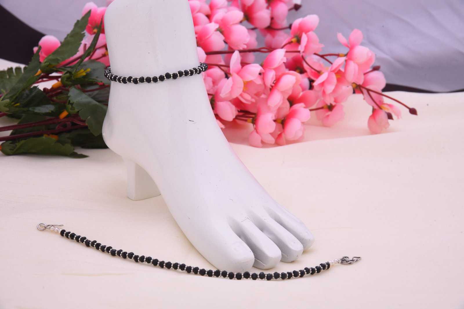 Black Beade Payal / Anklet strung with Silver Replica